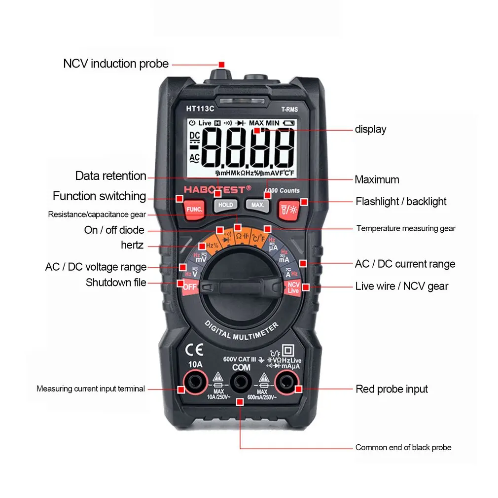 HABOTEST HT113C Digital Multimeter Automatic Range NCV Hz Ture RMS AC/DC 6000 Counting Professional High Precision | Инструменты