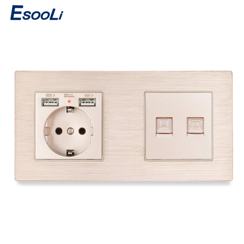 Esooli алюминиевая панель ЕС розетка с 2 USB + RJ11 телефонный разъем RJ45 данных