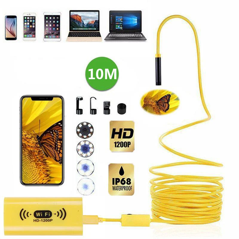 

Wi-Fi эндоскопическая камера HD 1200P 10 м, миниатюрная Водонепроницаемая беспроводная камера-бороскоп с жестким проводом 8 мм и светодиодный для ...