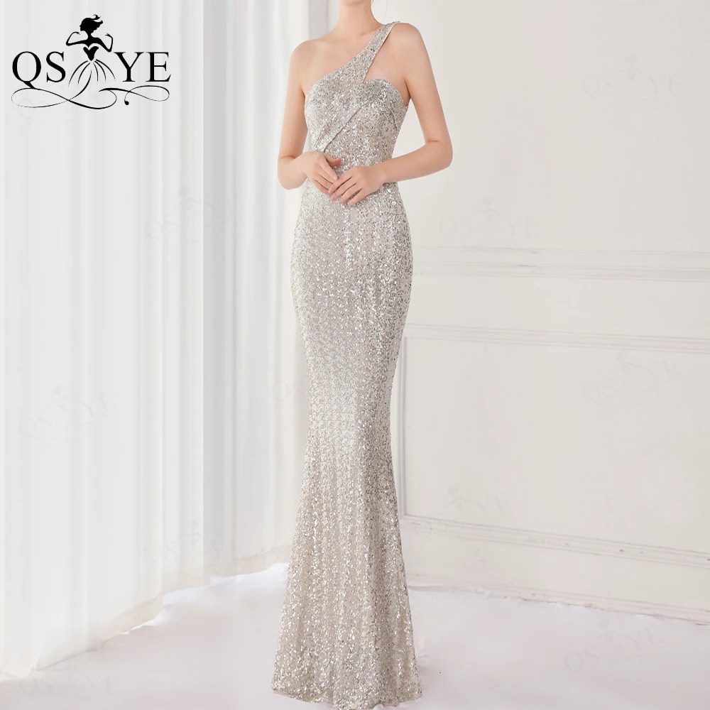 

One Shoulder Silver Prom Dresses Sequin Mermaid Evening Gown Glitter Sparkle Fit Girl Party Dress Shiny Chic Women Formal Gowns
