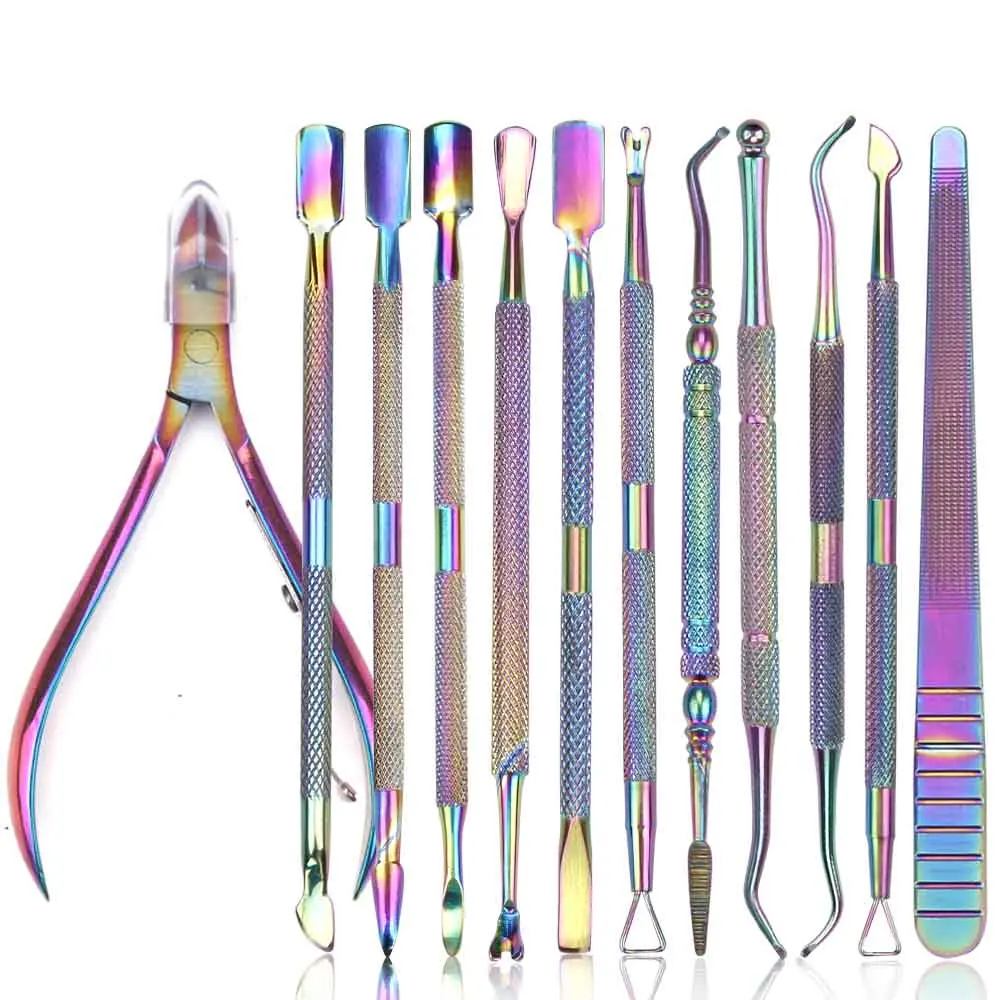 Professional Nail Cuticle Pusher Tweezer Rainbow Cutter Nipper Clipper Dead Skin Remover Stainless Steel Manicure Nails Art Tool