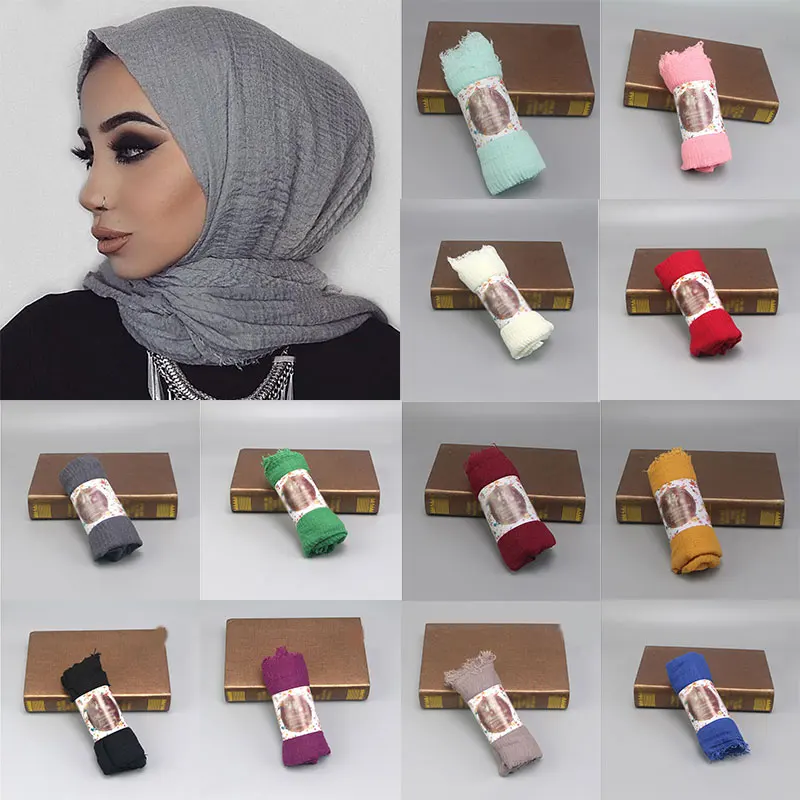 

Popular Pure Color Scarf Fashion Cotton Scarf Fringes Women Soft Solid Turban Hijab Hair Edge Ethnic Style For Female