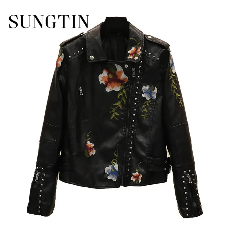 Sungtin Высококачественная куртка из искусственной кожи с заклепками вышивкой
