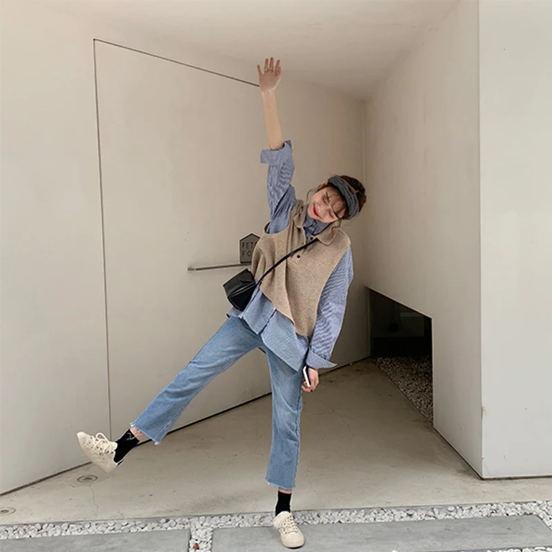 Sleeveless Pullover Vest Women Turn-down Collar Button Up Knitted Sweater Waistcoat Female 2019 Korean Autumn Clothes | Женская одежда