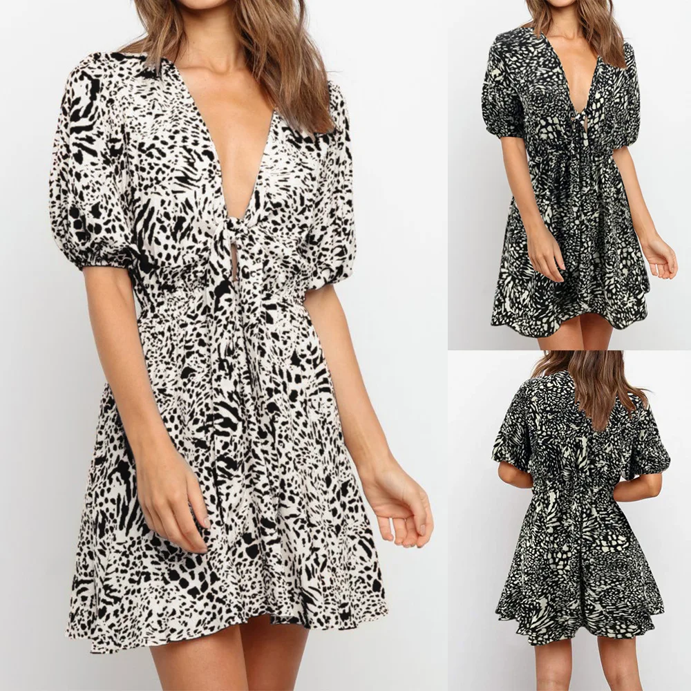 

2021 Summer Women Dress Short Sleeve Leopard V Neck Bandage Lace Up Mini Dress Ladies Casual Holiday Sundress