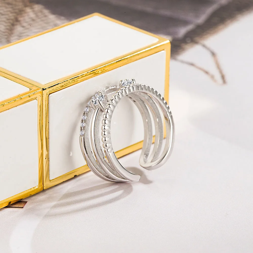 

Summer Women's 100% 925 Sterling Silver Ring Temperament Minimalism Zircon Inlaid Open Ring Wedding Ring Female Charm Jewelry