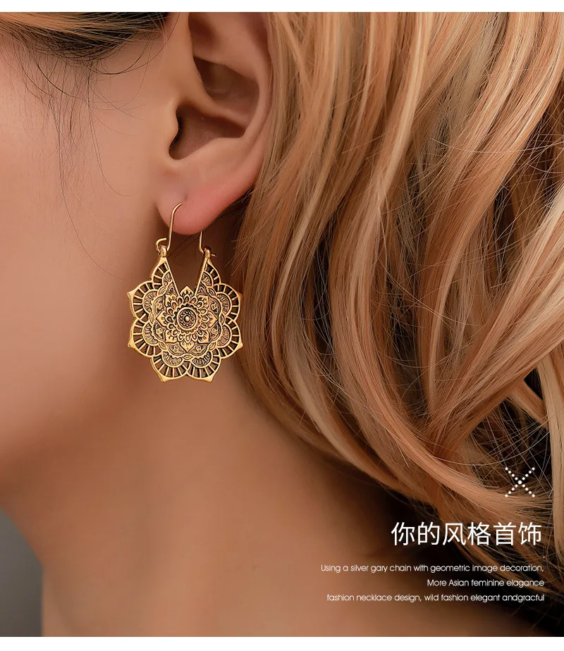 Серьги экзотические винтажные металлические ажурный цветок серьги богемные резные дворцовые серьги