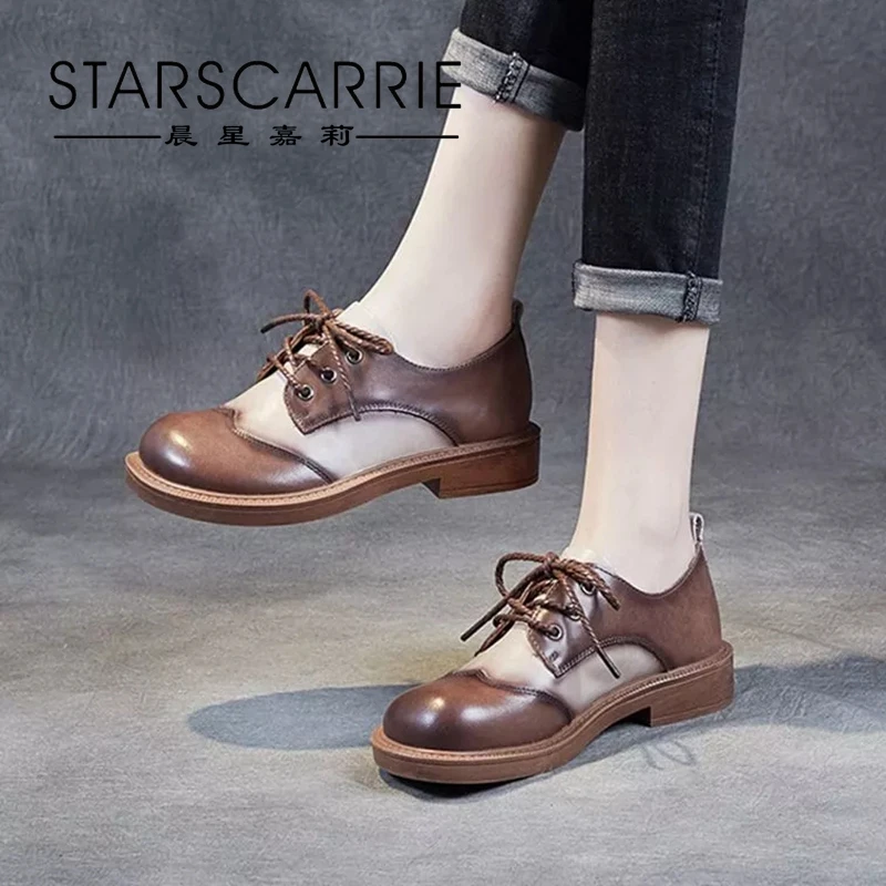 

Новинка Весна 2021 кожаные туфли в английском стиле с круглым носком на шнуровке на низком каблуке контрастные туфли с большим носком детская...