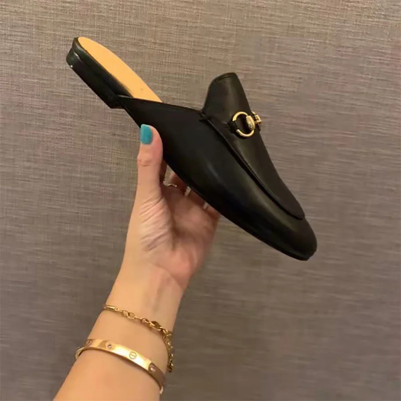 

Классические туфли Muller, черные удобные туфли на плоской подошве с пряжкой из конской кожи ручной работы, дамские полуразмерные туфли на зак...