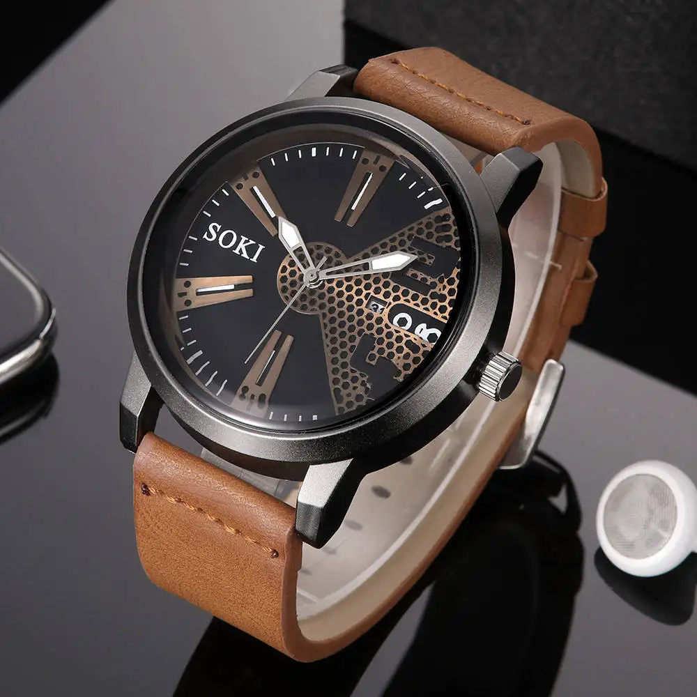 

Top SOKI brand large dial European and American fashion sports men's watch automatic date quartz business watch PU belt watch