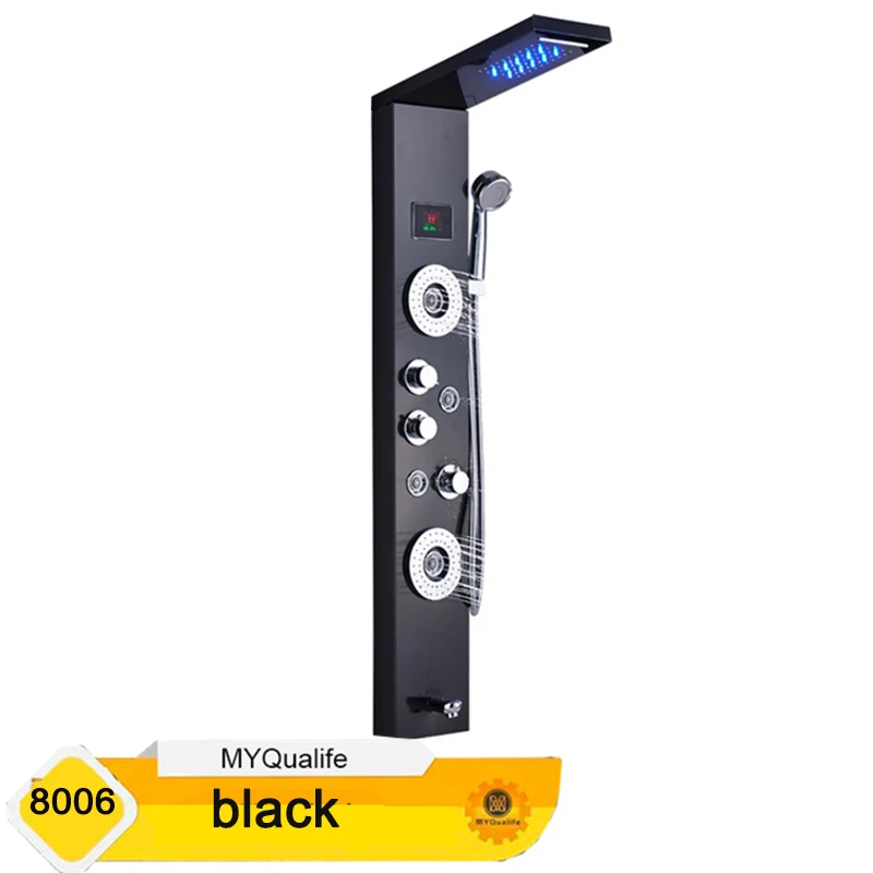 8006 Black Светодиодный светильник из нержавеющей стали, душевая панель, кран, настенный спа массажная система, душевая колонка, Цифровой температурный экран - Цвет: 8006 Black