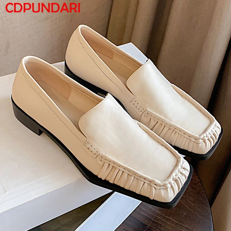 

Black White Pleated Genuine Leather Loafers Flat Shoes Women Spring sheepskin Flats Ladies Popular Zapatos Casuales De Mujer