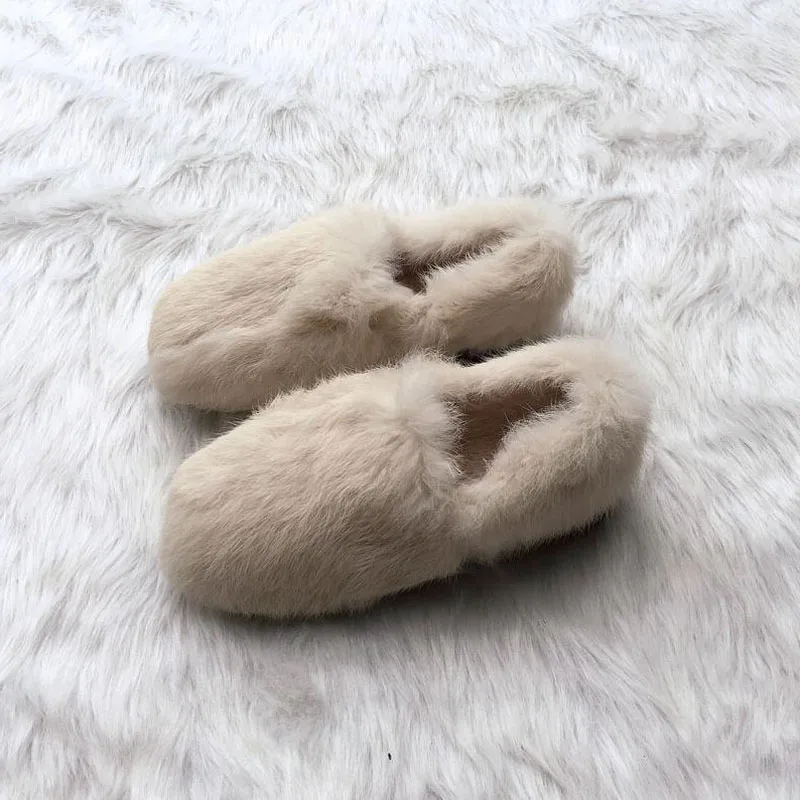 Женские меховые лоферы на плоской подошве модные теплые плюшевые кроличьем меху