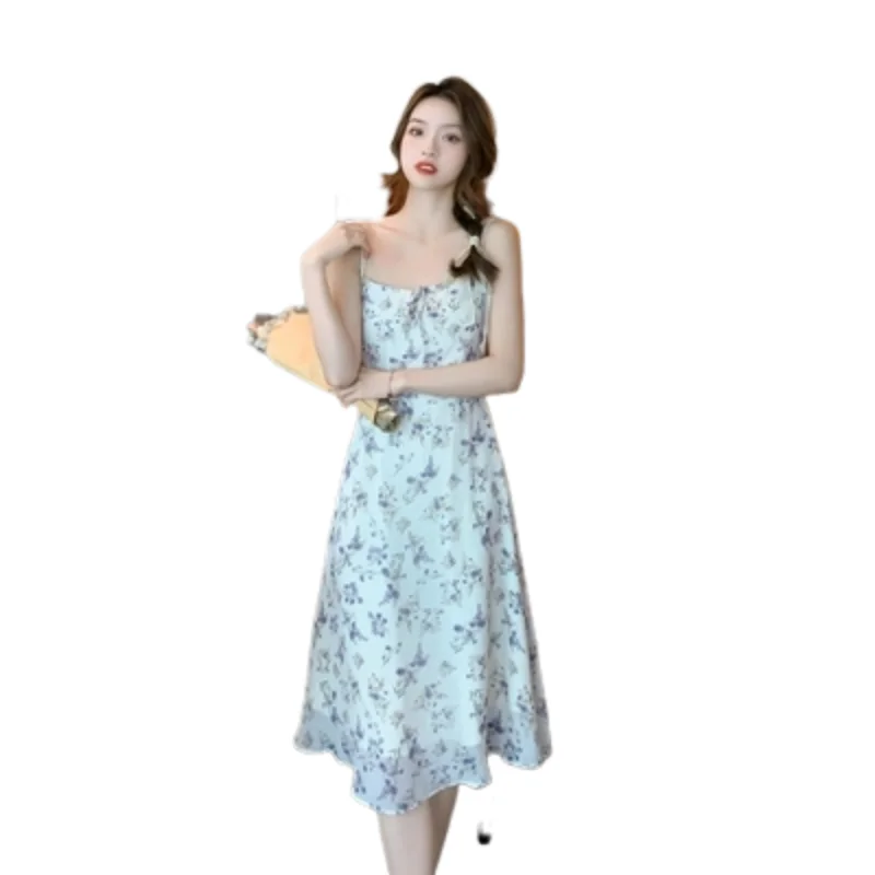 

Floral Chiffon Dress Summer Ladies French Sling Elegant Vestidos A Line Casual Beach Sundress
