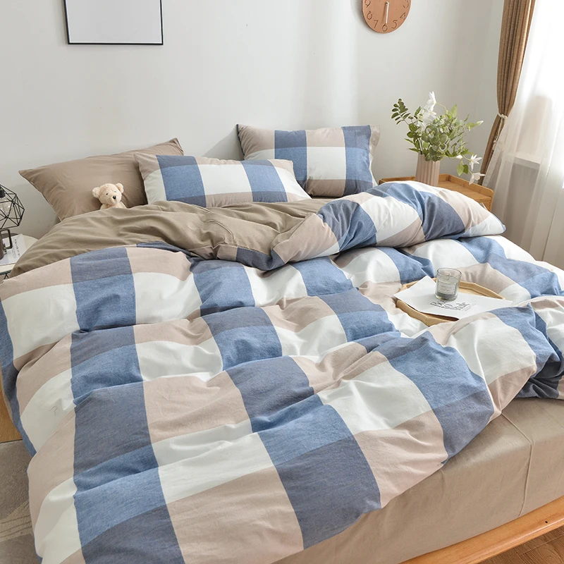 

4 Pieces Blue Grid Bedding Set Washed Cotton Luxury Duvet Cover Solid Color Summer Bedroom Bedspread Flat Bed Sheet Pillowcase