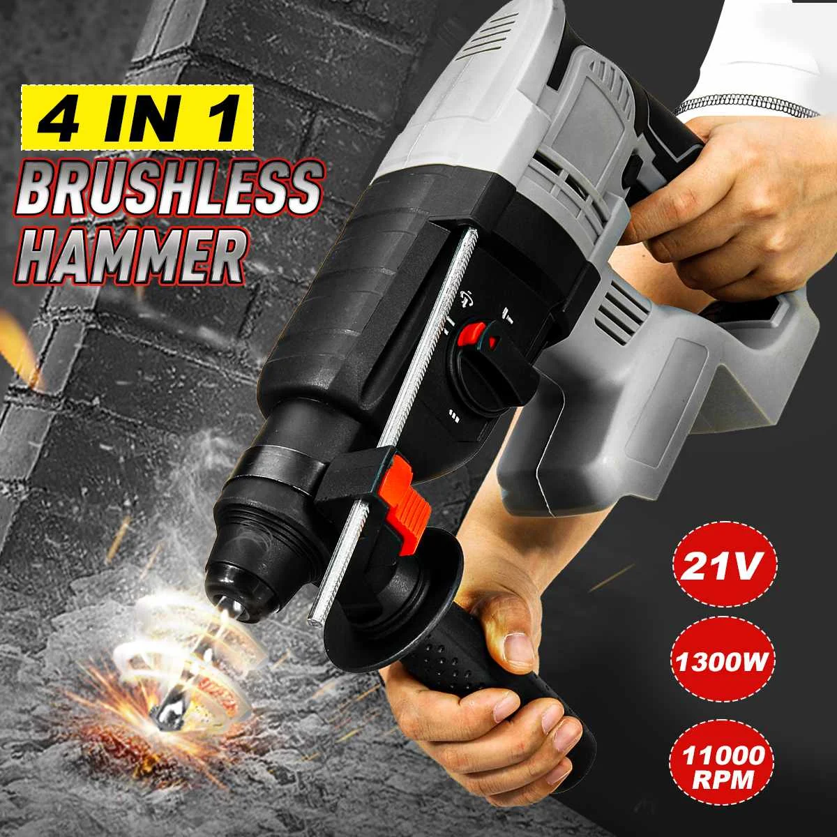 

21V 11000rpm Rechargeable Brushless Cordless Rotary Hammer Drill Electric 4 Function Hammer Impact Drill For Makita Battery