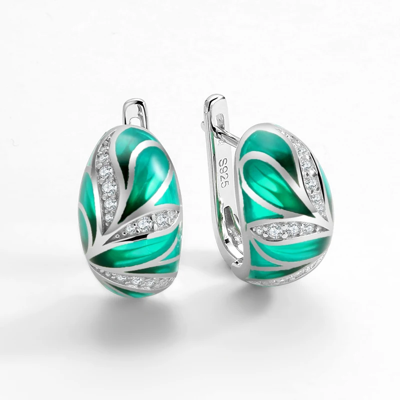 

Women's earrings for women 925 Sterling Silver Stud Earring Green Handmade Enamel Bamboo leaves with Cubic Zirconia Fine Jewelry