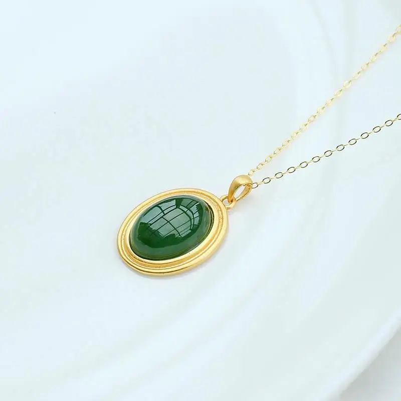 

Natural Hetian Jade Green Jade S925 Sterling Silver Pendant Oval Jade Necklace Simple Retro Gilding Craft Necklace