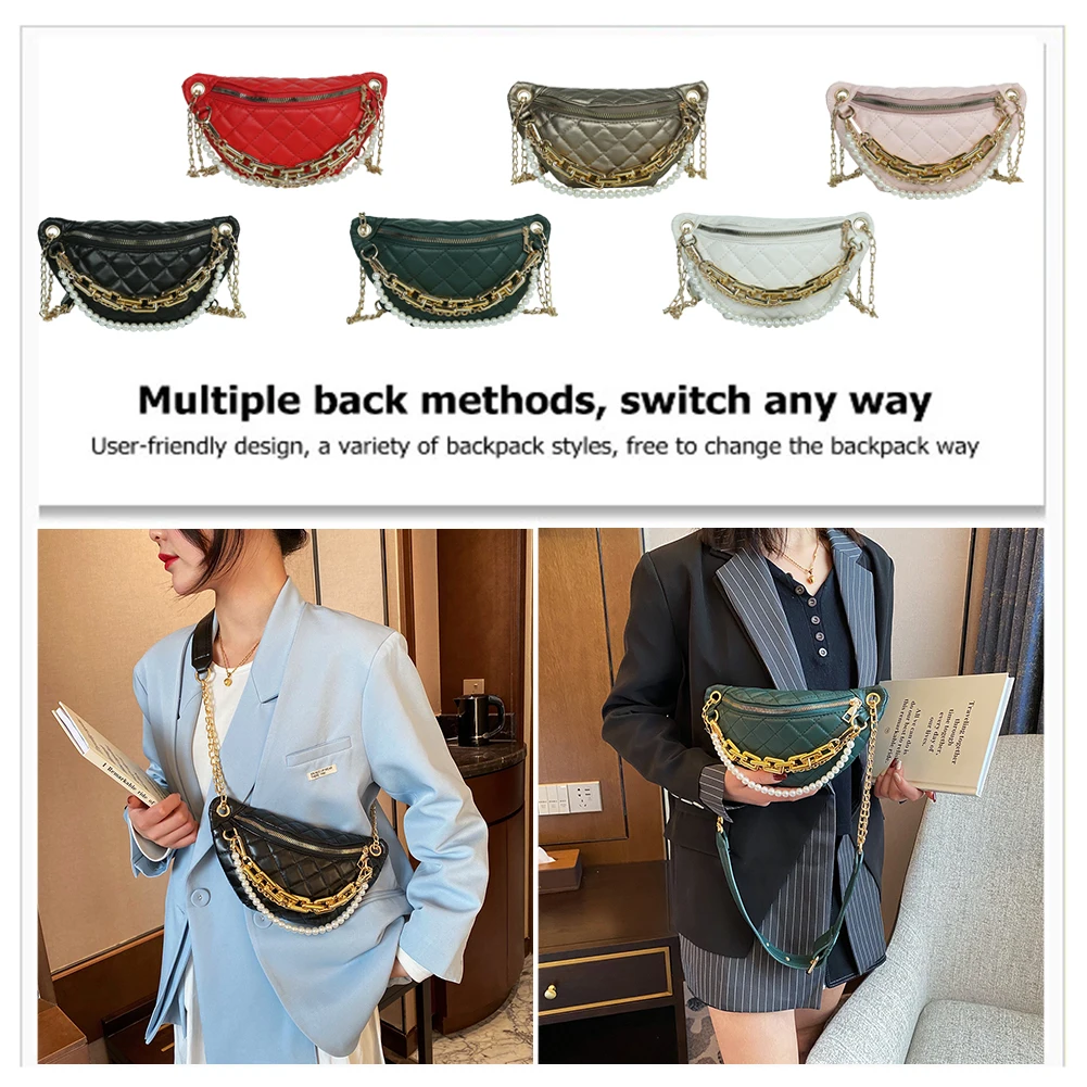 

Zipper Pure Color Single Shoulder Bag Women Commuters Vintage PU Leather Messenger Crossbody Bag Street Pearl Chain Chest Bag