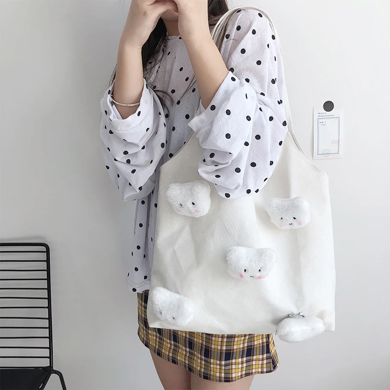 

GOPLUS Cute soft cuddly bear one-shoulder portable shopping bag Korean vintage student girl canvas bag