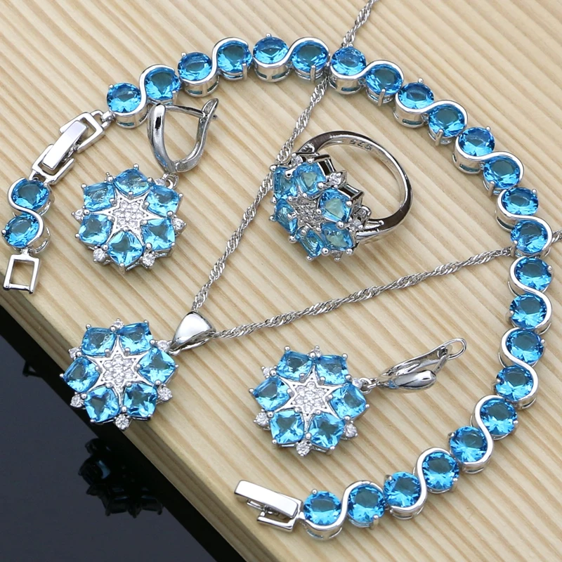 

Sky Blue Cubic Zirconia Jewelry Sets 925 Sterling Silver Decorations For Women Earrings Fashion 4PCS Party Gift For Her