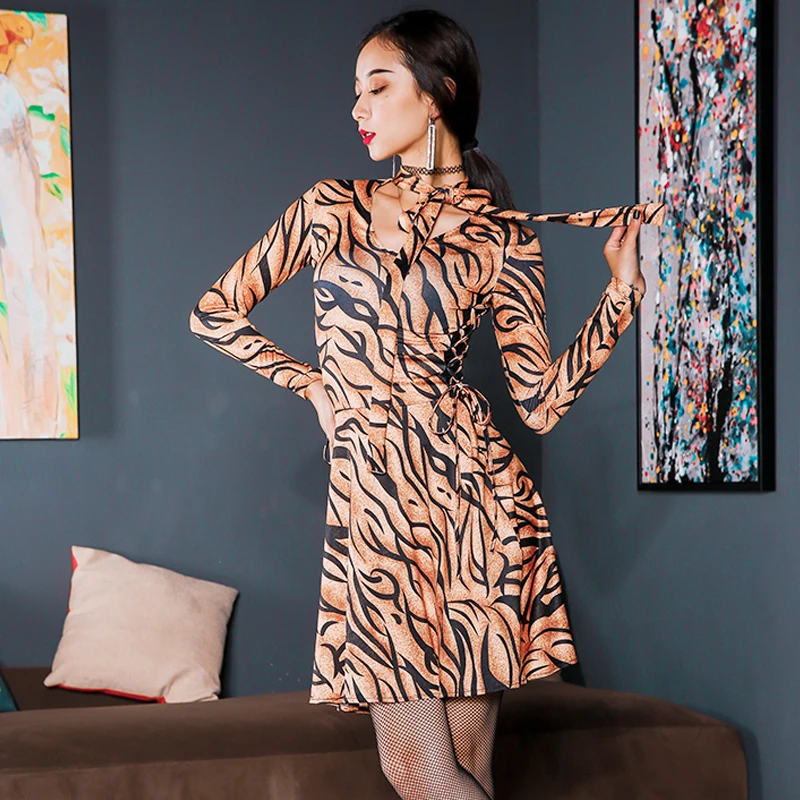 Платье для латинских танцев женское взрослое элегантное черное/леопардовое с