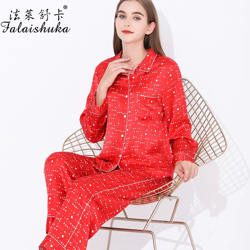100% Silk Homewears Pajamas Sets Women Red Sexy 2021 Summer Spring Female Home Wears Two Piece Pajamas Set Sleepwear