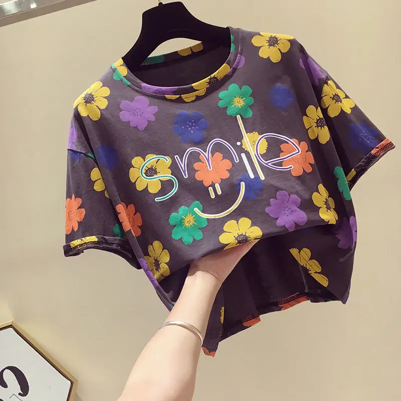 

T-shirt Women's Short-sleeved 2021 New Summer Loose High-waisted Flower Print Half-sleeved Top Woman Tshirts