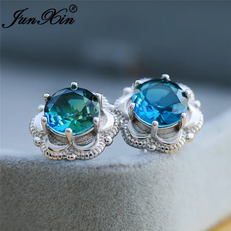 Серьги-гвоздики Mystic с зеленым голубым Цирконом и цветком белые золотые розовые