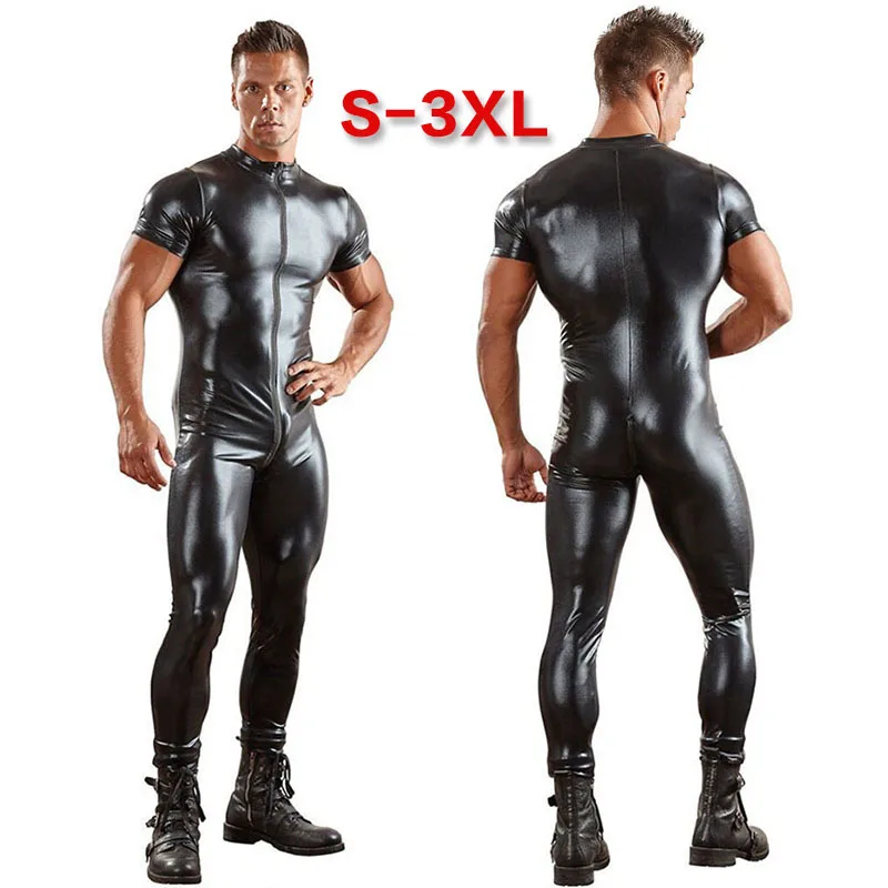 

Wetlook Fetish Gay Body Bondage Open Crotch Jumpsuits Patent Leather Sexy Male Pole Sissy Dance Bodysuit Gay Pants for BDSM Sex
