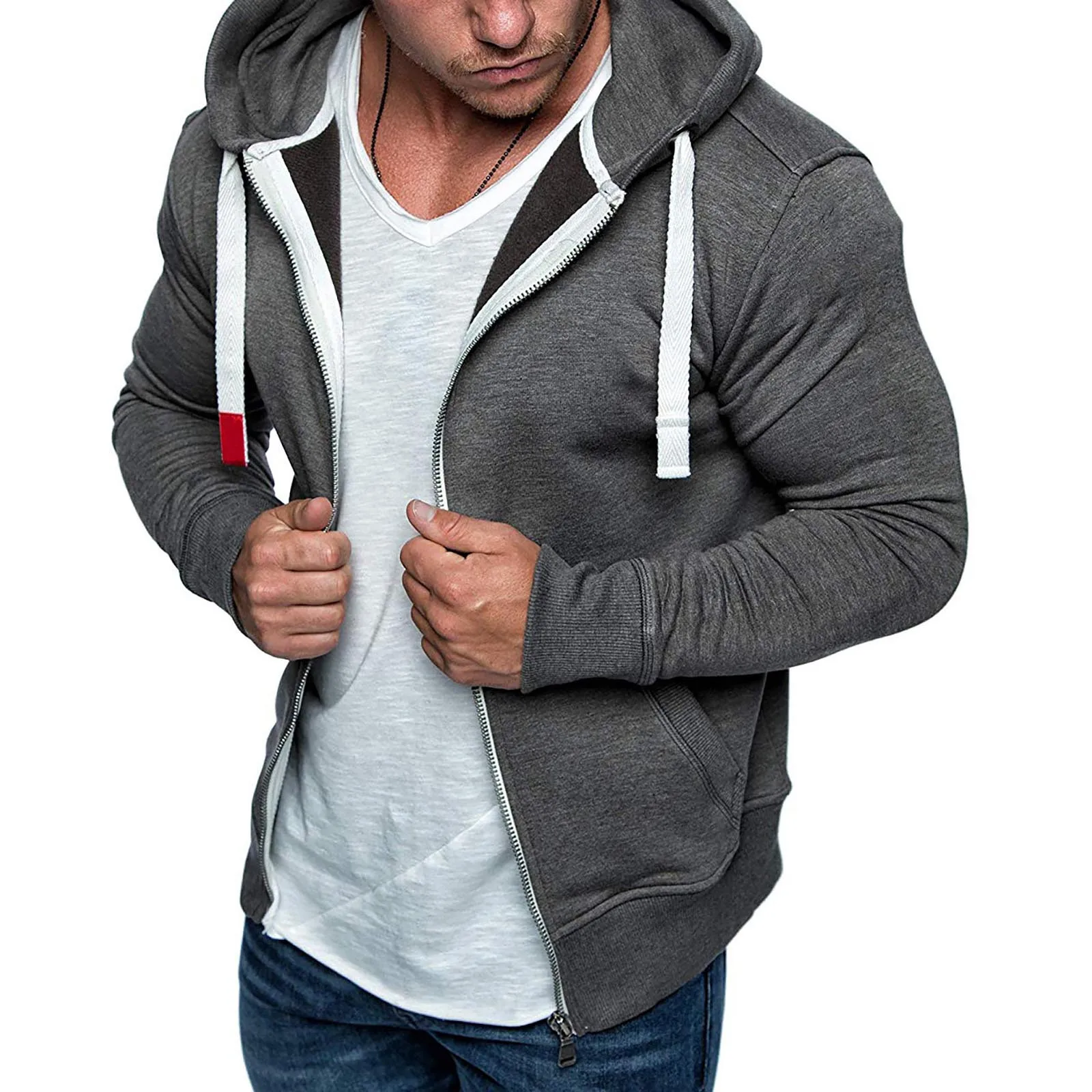 

Мужской однотонный кардиган на молнии, повседневная флисовая куртка с капюшоном, весна-осень 2021