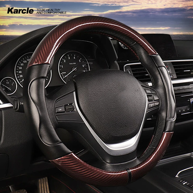 

Karcle Carbon Fiber Leather Steering Wheel Cover Auto Anti-Slip Wheel Cover Protector 15 Inch Automotive Interior Accessories