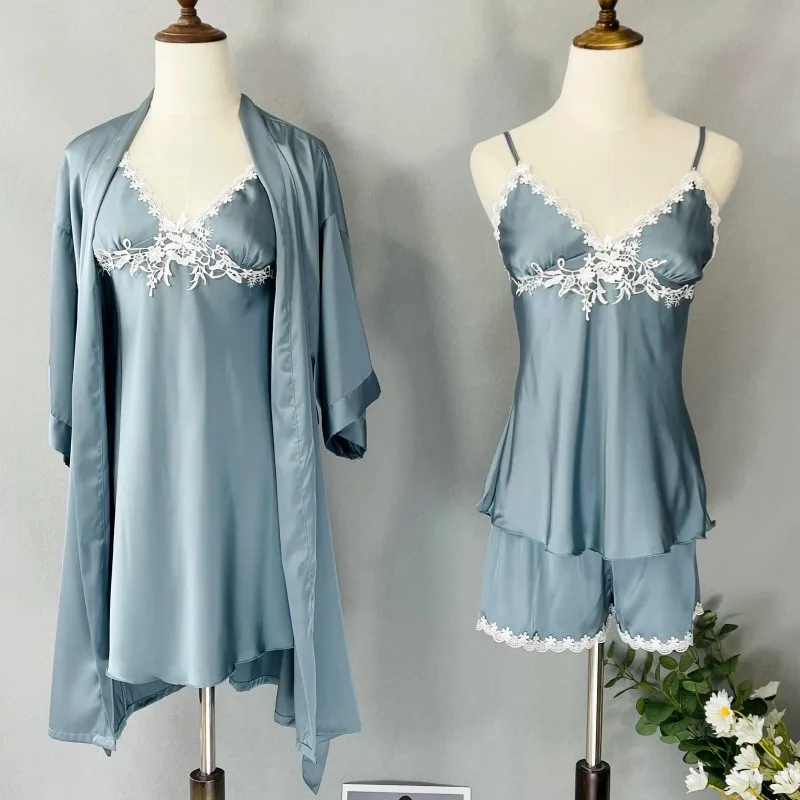 

4PCS Women Lace Floral Kimono Pajamas Sets Rayon Bride Dressing Bathrobe Gown Sexy V-Neck Nightdress&Shorts Sleepwear Home Robe
