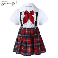 kids girls student school uniforms short sleeve shirt tops suspenders plaid skirt stage performance suit children choir costumes