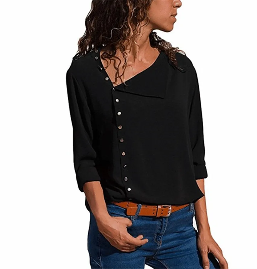 

Top selling long sleeve blouse with irregular bias neck and seven-color buttons