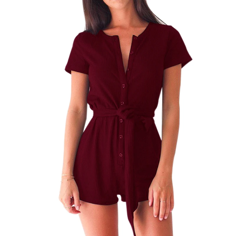 Женский пляжный комбинезон с поясом повседневный однотонный коротким рукавом