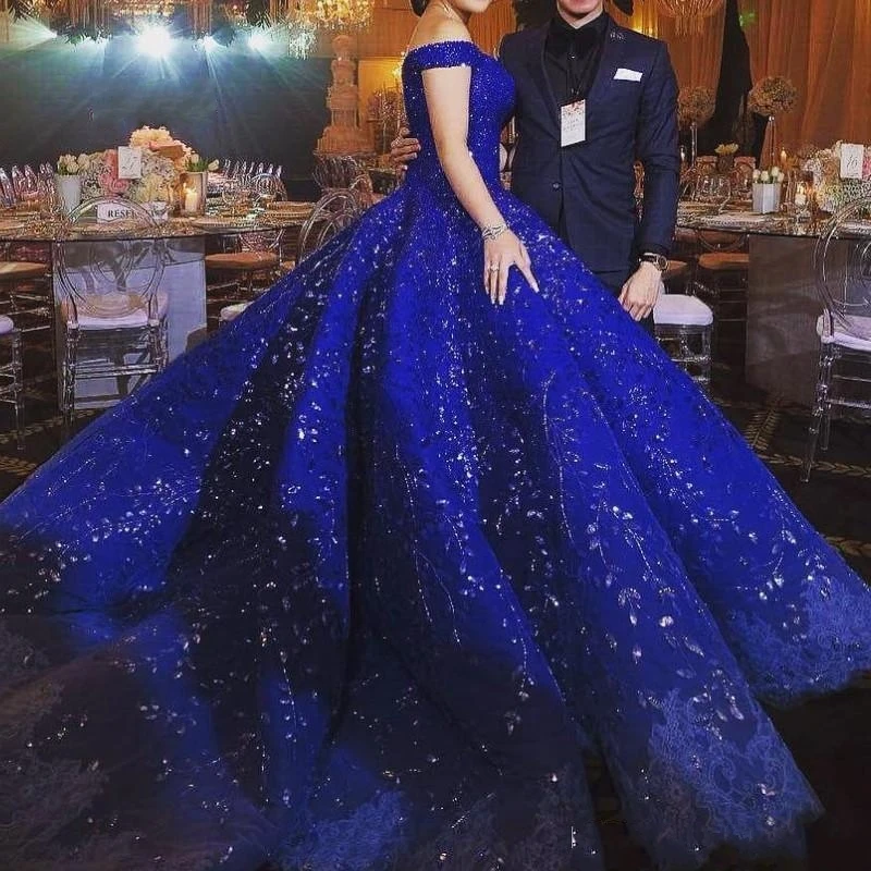 2020 Royal Blue Luxury Dubai Prom Dress Beads Crystal Applique Off Shoulder Evening Gowns Gorgeous Lace Ball Gown Engagement