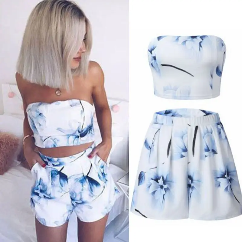 Модный женский сексуальный комплект из 2 предметов укороченный топ с цветочным