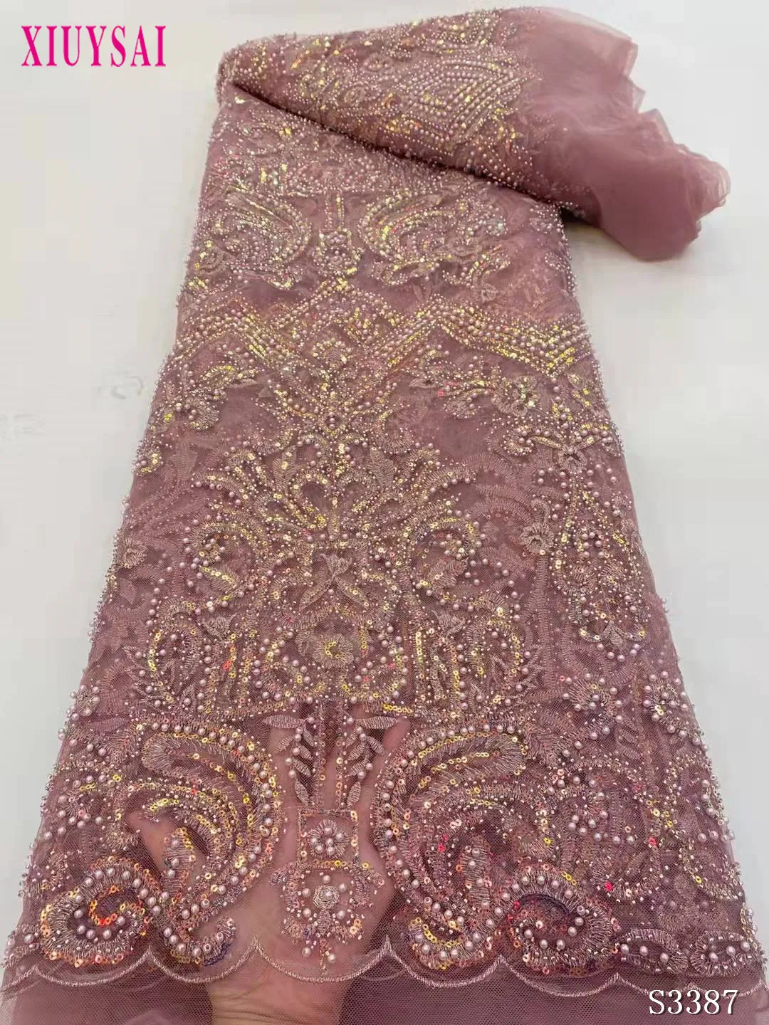 

High-End Handmade Beaded Lace Fabric Nigeria Lace 2022 Embroidery Mesh Lace Fabric 3D Sequins African Wedding Lace Fabric