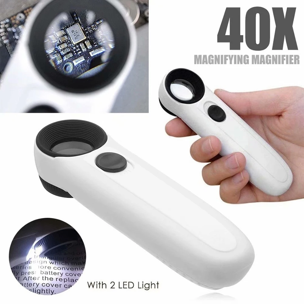 40X Small Magnifying Glass with 2 LED Light for Reading Inspect Maps Stamps Jewelry Wholesale