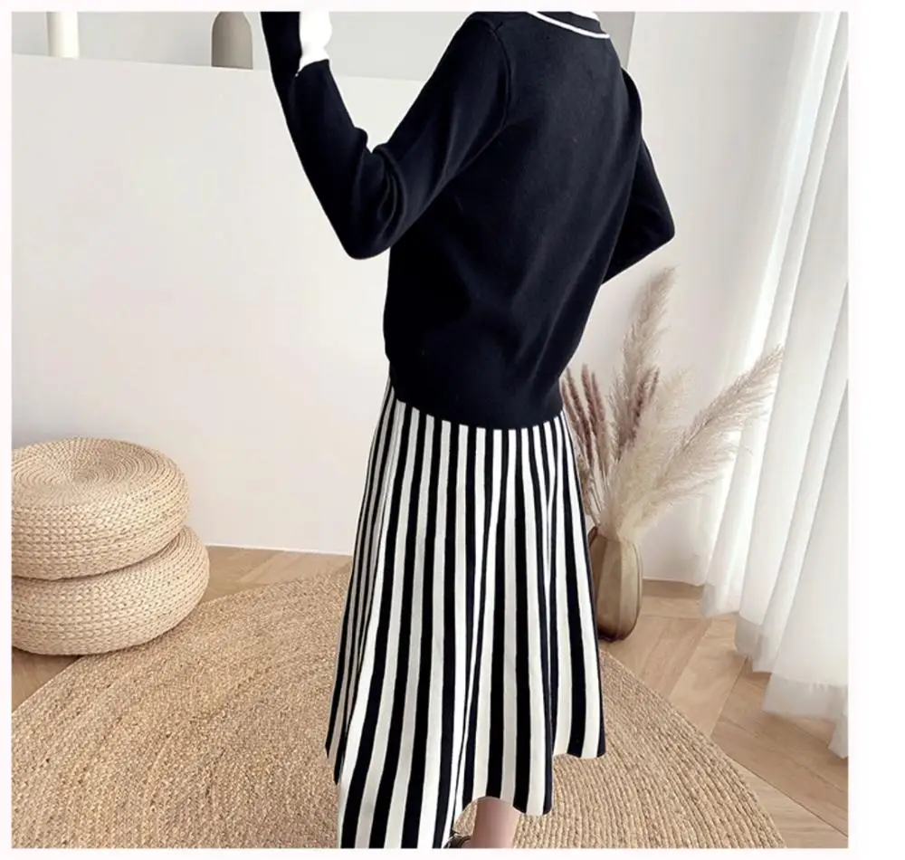 

LLZACOOSH Women Autumn Winter Bowknot Knitted Pullover 2 Pieces Sets Full Sleeve Top + Stripe High Waist A Line Skirt Suit