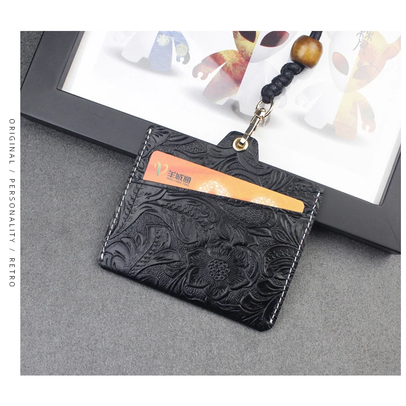 Genuine Leather Business Card Holder Pouch Handmade Badge Card Case Box Student Lanyard ID Cards Employee Cover Wallet
