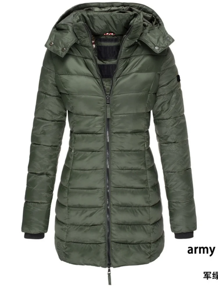 Plus Size Clothing for Women Winter Korean Casual Solid Hooded Cotton-padded Mid-length Slim-fitting Padded Warm Down Jacket