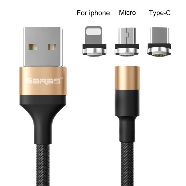 gold cable 3in 1 Магнитный кабель GARAS для iphone/Micro USB/type C Магнитный кабель для быстрой зарядки 3в1 мобильный телефон для зарядки и передачи данных QC3.0 - Цвет: gold cable 3in 1