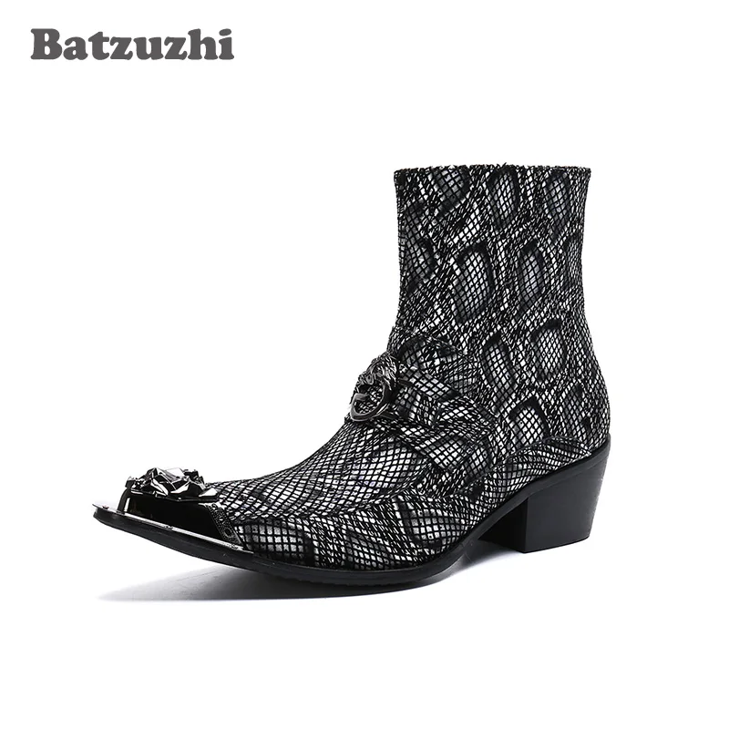 

Batzuzhi Leather Boots Men Ankle Western Handsome Men Shoes Pointed Iron Tip Motorcycle Party Boots Male, Sizes 38-46, US12