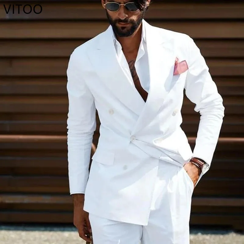 

2 Piece Double-Breasted Men's Suit White Slim Wedding Tuxedo Groom Best Man Casual Style Banquet Fashion Jacket with Pants 2021