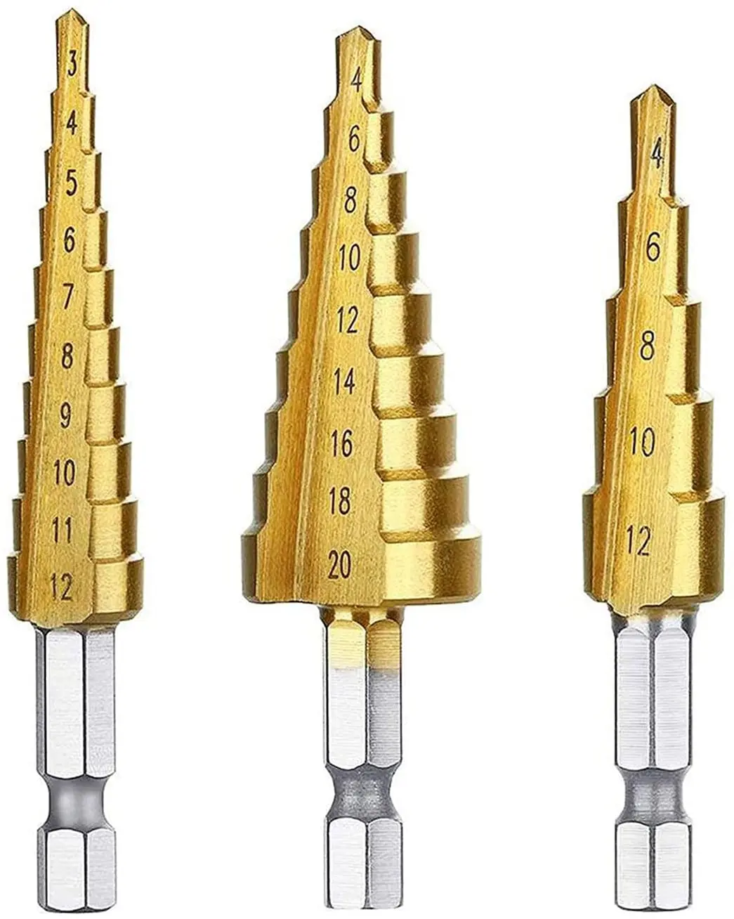 

Step Drill Bit, 3pcs High Speed Steel Drill Kit for Metal Aluminium and Wood Drilling Hole For Multiple Hole Pagoda Bits Metal