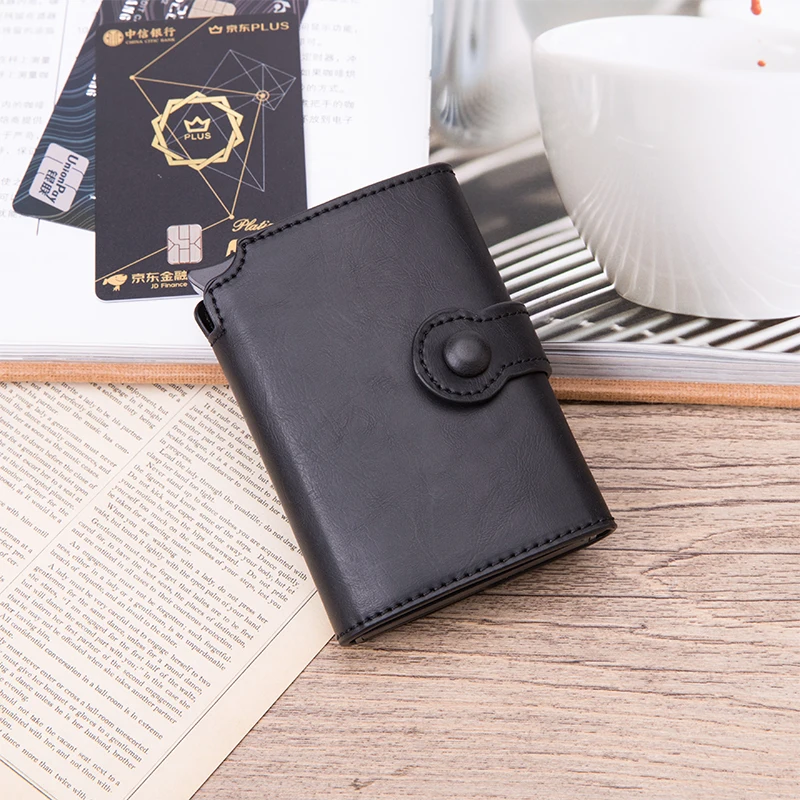 men rfid button credit card holder high quality metal aluminum auto pop up rfid blocking id card case black wallet coin purse free global shipping