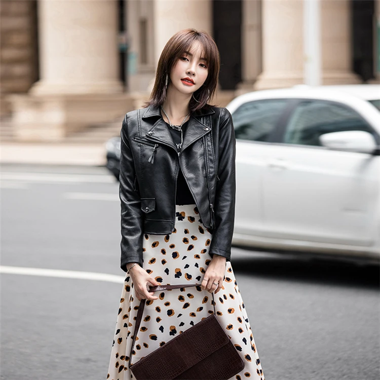 

Ailegogo New 2019 Autumn Winter Women's Leather Jackets Pockets Outerwear England Style Faux Leather Tops Coat Black JK1709
