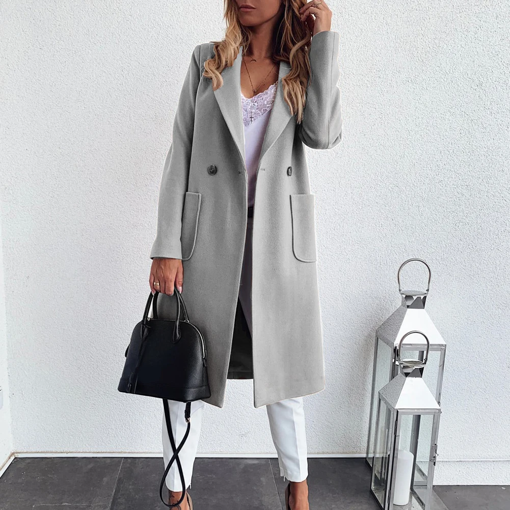 

Women Autumn Winter Loose casual Lapel Collar Buttons Pockets Long Coat Solid Color Warm Jacket Overcoat Plus Size Wind Coat